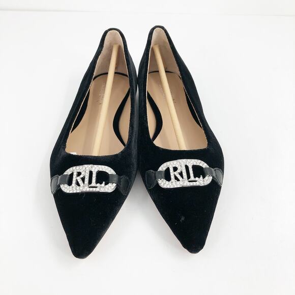 LAUREN RALPH LAUREN Lilah Velvet Ballet Flat Size 6 Black Pointed Toe Logo NWOB - Picture 4 of 11